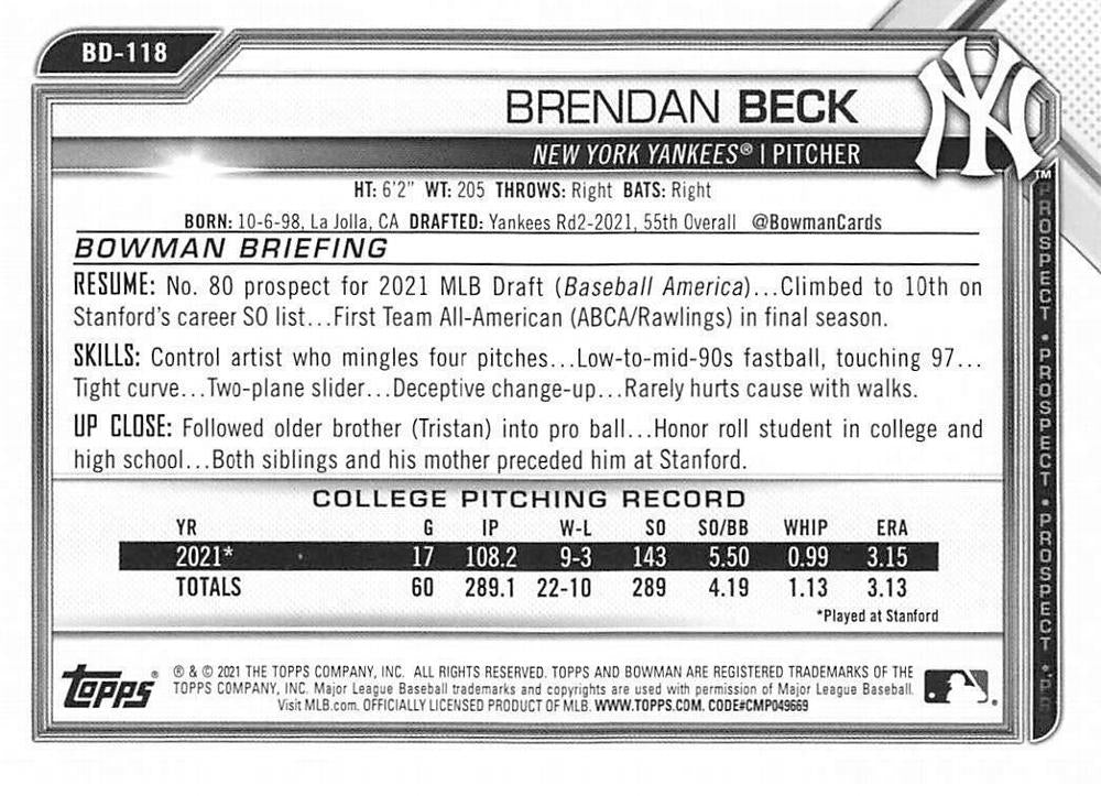 2021 Bowman Draft Brendan Beck FBC 1st Bowman BD-118 New York Yankees