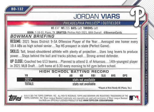 2021 Bowman Draft Jordan Viars FBC 1st Bowman BD-132 Philadelphia Phillies