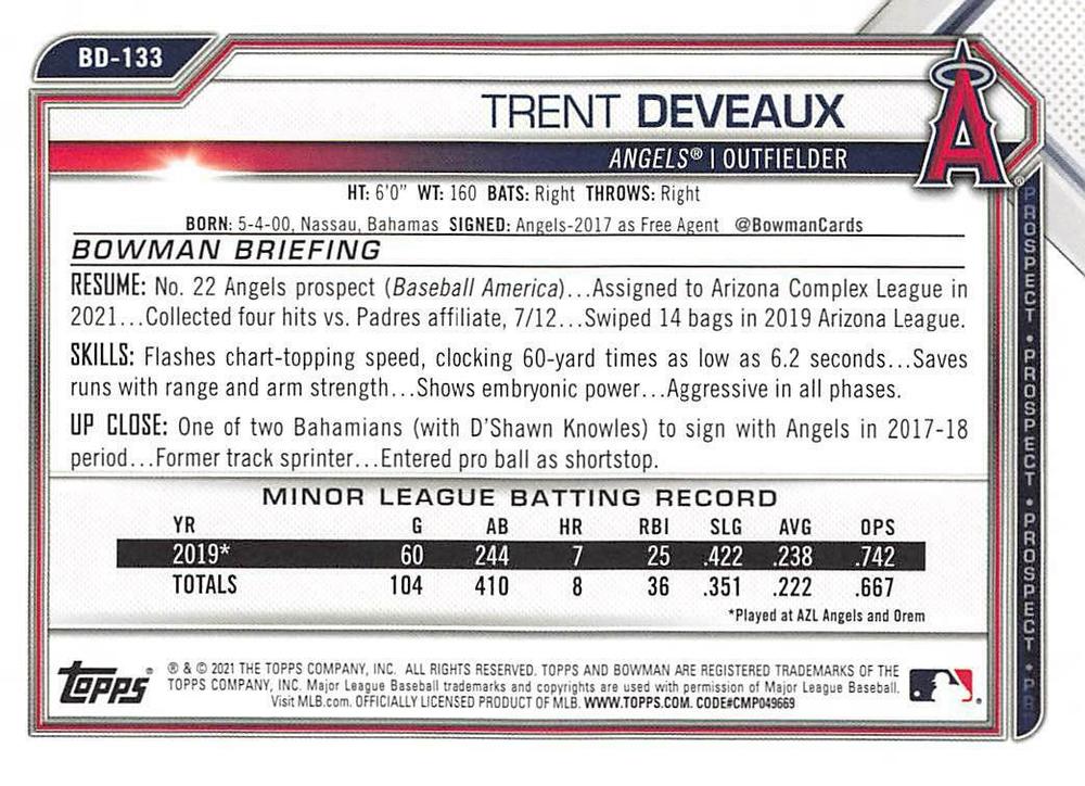 2021 Bowman Draft Trent Deveaux BD-133 Los Angeles Angels