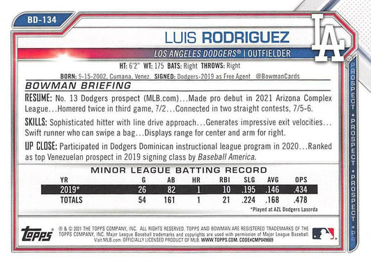 2021 Bowman Draft Luis Rodriguez BD-134 Los Angeles Dodgers