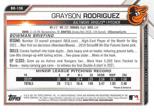 2021 Bowman Draft Grayson Rodriguez BD-136 Baltimore Orioles