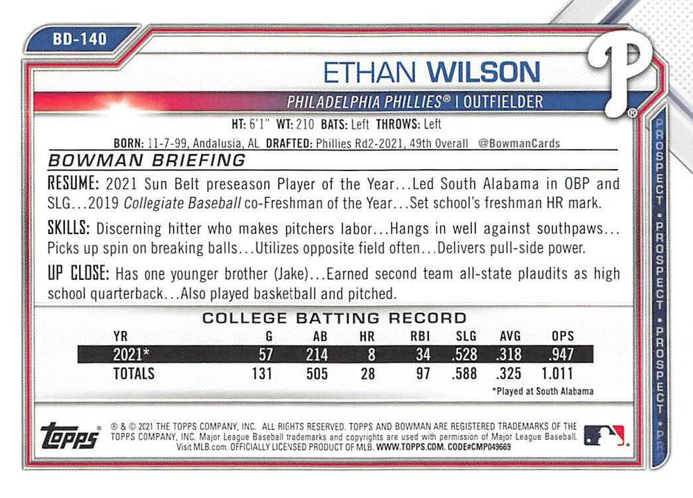 2021 Bowman Draft Ethan Wilson FBC 1st Bowman BD-140 Philadelphia Phillies