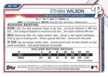 2021 Bowman Draft Ethan Wilson FBC 1st Bowman BD-140 Philadelphia Phillies