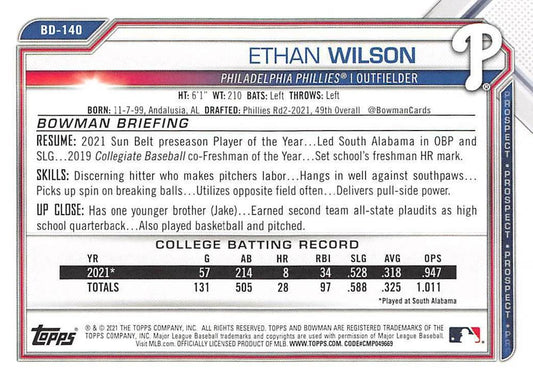 2021 Bowman Draft Ethan Wilson FBC 1st Bowman BD-140 Philadelphia Phillies