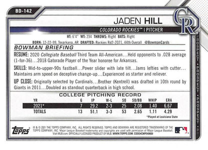 2021 Bowman Draft Jaden Hill FBC 1st Bowman BD-142 Colorado Rockies