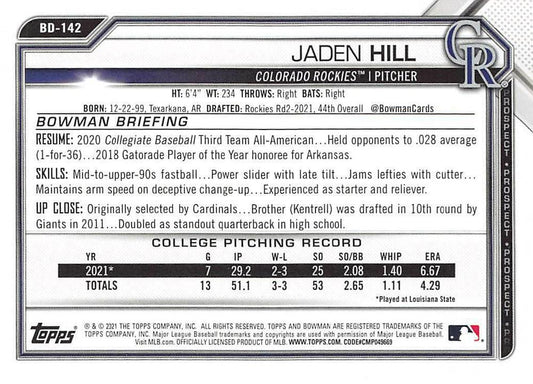 2021 Bowman Draft Jaden Hill FBC 1st Bowman BD-142 Colorado Rockies