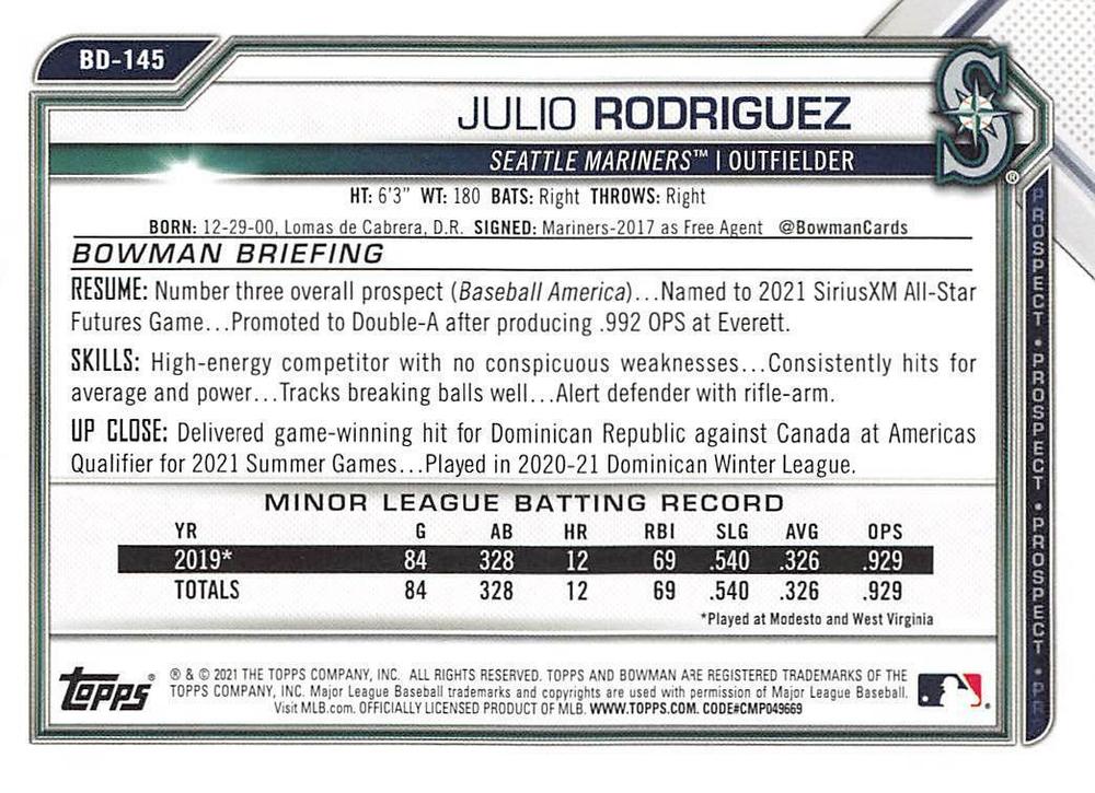 2021 Bowman Draft Julio Rodriguez BD-145 Seattle Mariners