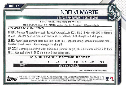 2021 Bowman Draft Noelvi Marte BD-147 Seattle Mariners