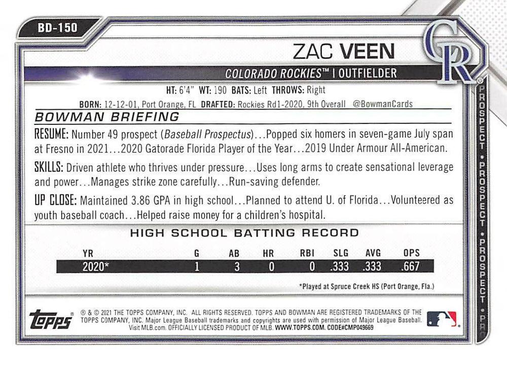 2021 Bowman Draft Zac Veen BD-150 Colorado Rockies