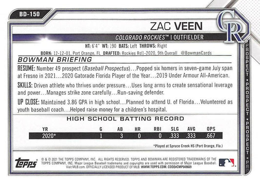 2021 Bowman Draft Zac Veen BD-150 Colorado Rockies