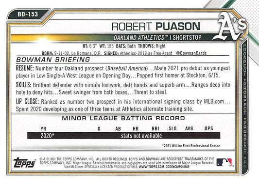 2021 Bowman Draft Robert Puason BD-153 Oakland Athletics