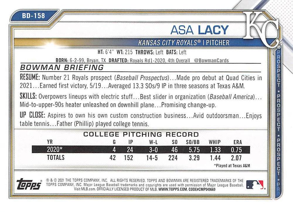 2021 Bowman Draft Asa Lacy BD-158 Kansas City Royals