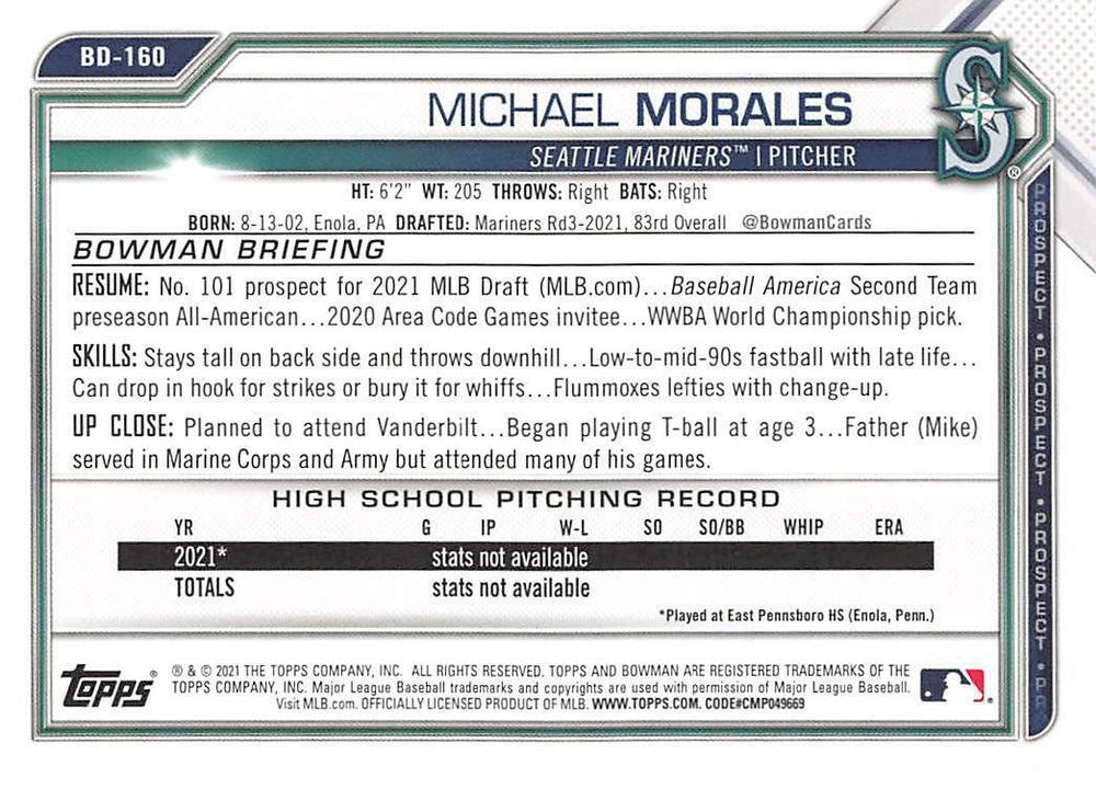 2021 Bowman Draft Michael Morales FBC 1st Bowman BD-160 Seattle Mariners