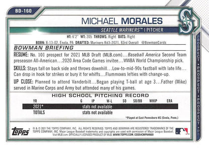 2021 Bowman Draft Michael Morales FBC 1st Bowman BD-160 Seattle Mariners