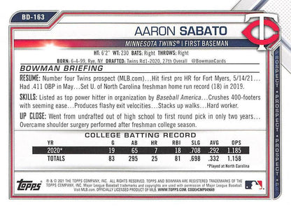 2021 Bowman Draft Aaron Sabato BD-163 Minnesota Twins