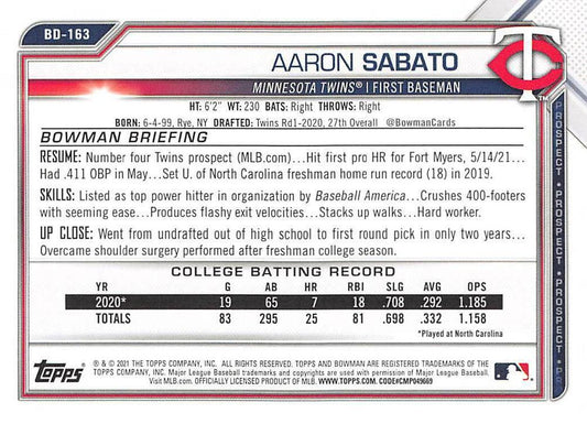 2021 Bowman Draft Aaron Sabato BD-163 Minnesota Twins