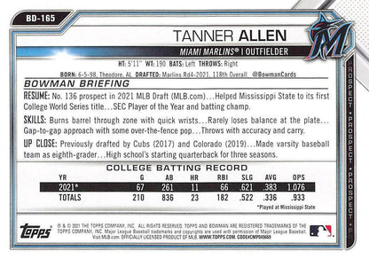 2021 Bowman Draft Tanner Allen FBC 1st Bowman BD-165 Miami Marlins
