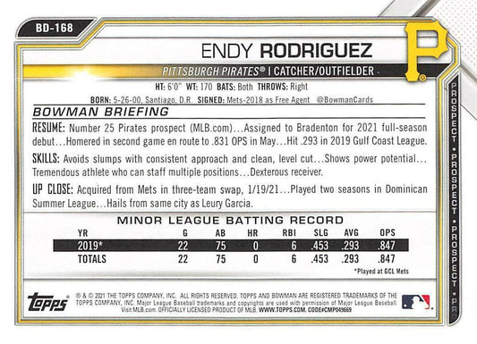 2021 Bowman Draft Endy Rodriguez BD-168 Pittsburgh Pirates
