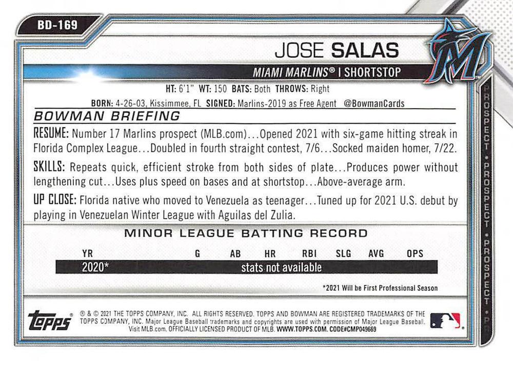 2021 Bowman Draft Jose Salas BD-169 Miami Marlins