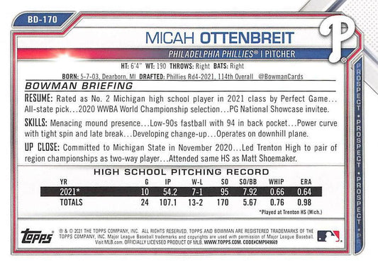 2021 Bowman Draft Micah Ottenbreit FBC 1st Bowman BD-170 Philadelphia Phillies