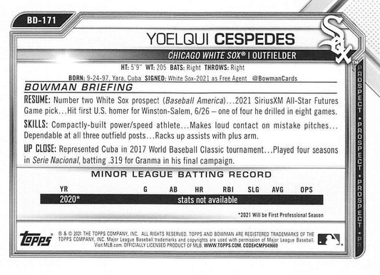 2021 Bowman Draft Yoelqui Cespedes BD-171 Chicago White Sox