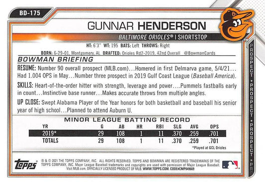 2021 Bowman Draft Gunnar Henderson BD-175 Baltimore Orioles