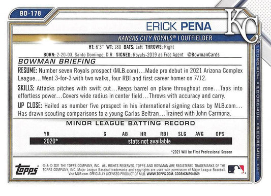 2021 Bowman Draft Erick Pena BD-178 Kansas City Royals