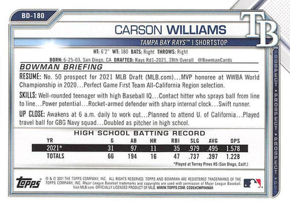 2021 Bowman Draft Carson Williams FBC 1st Bowman BD-180 Tampa Bay Rays