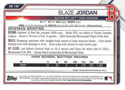 2021 Bowman Draft Blaze Jordan BD-182 Boston Red Sox
