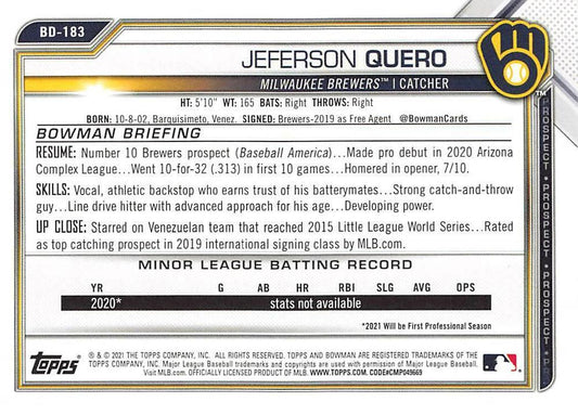 2021 Bowman Draft Jeferson Quero BD-183 Milwaukee Brewers