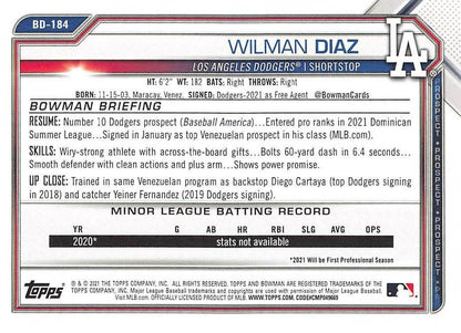 2021 Bowman Draft Wilman Diaz BD-184 Los Angeles Dodgers