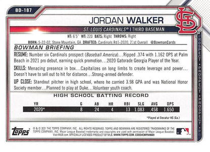 2021 Bowman Draft Jordan Walker BD-187 St. Louis Cardinals