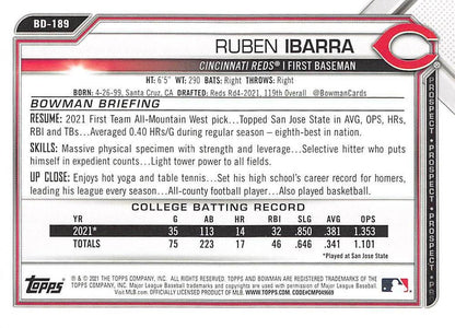 2021 Bowman Draft Ruben Ibarra FBC 1st Bowman BD-189 Cincinnati Reds
