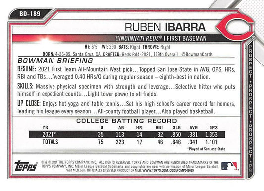 2021 Bowman Draft Ruben Ibarra FBC 1st Bowman BD-189 Cincinnati Reds