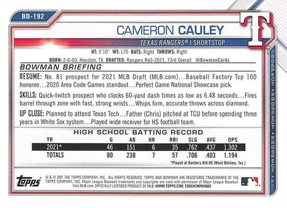 2021 Bowman Draft Cameron Cauley FBC 1st Bowman BD-192 Texas Rangers