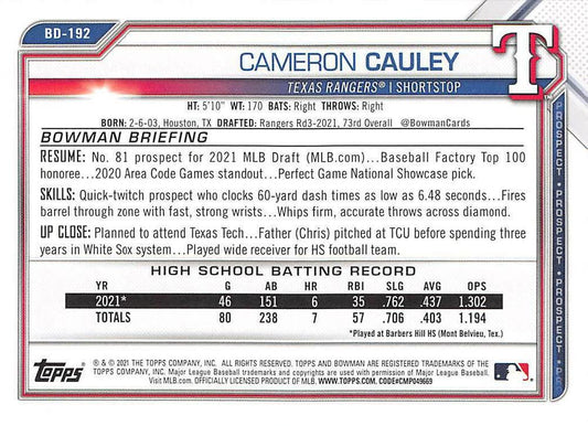 2021 Bowman Draft Cameron Cauley FBC 1st Bowman BD-192 Texas Rangers