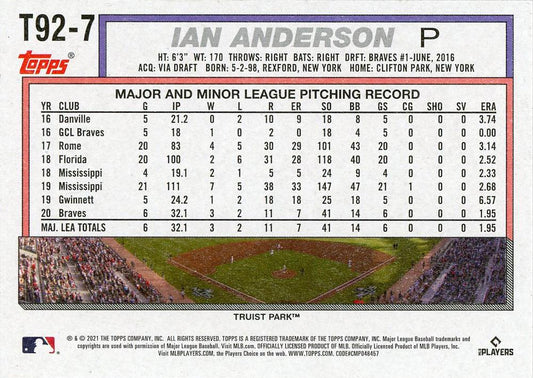 2021 Topps Update Topps 1992 Redux Ian Anderson Rookie T92-7 Atlanta Braves