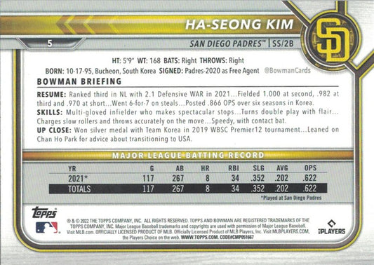 2022 Bowman Ha-Seong Kim #5 San Diego Padres