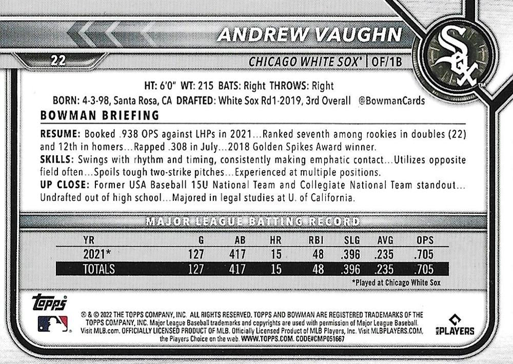 2022 Bowman Andrew Vaughn #22 Chicago White Sox