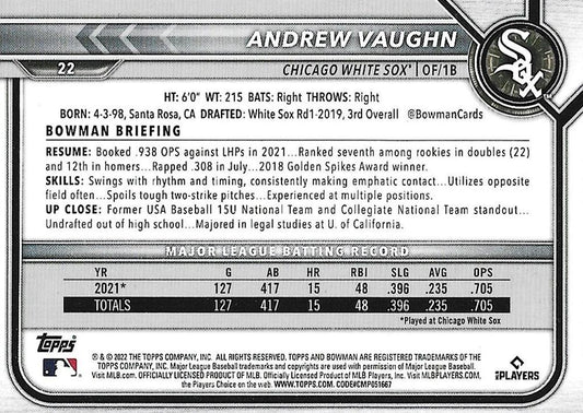 2022 Bowman Andrew Vaughn #22 Chicago White Sox