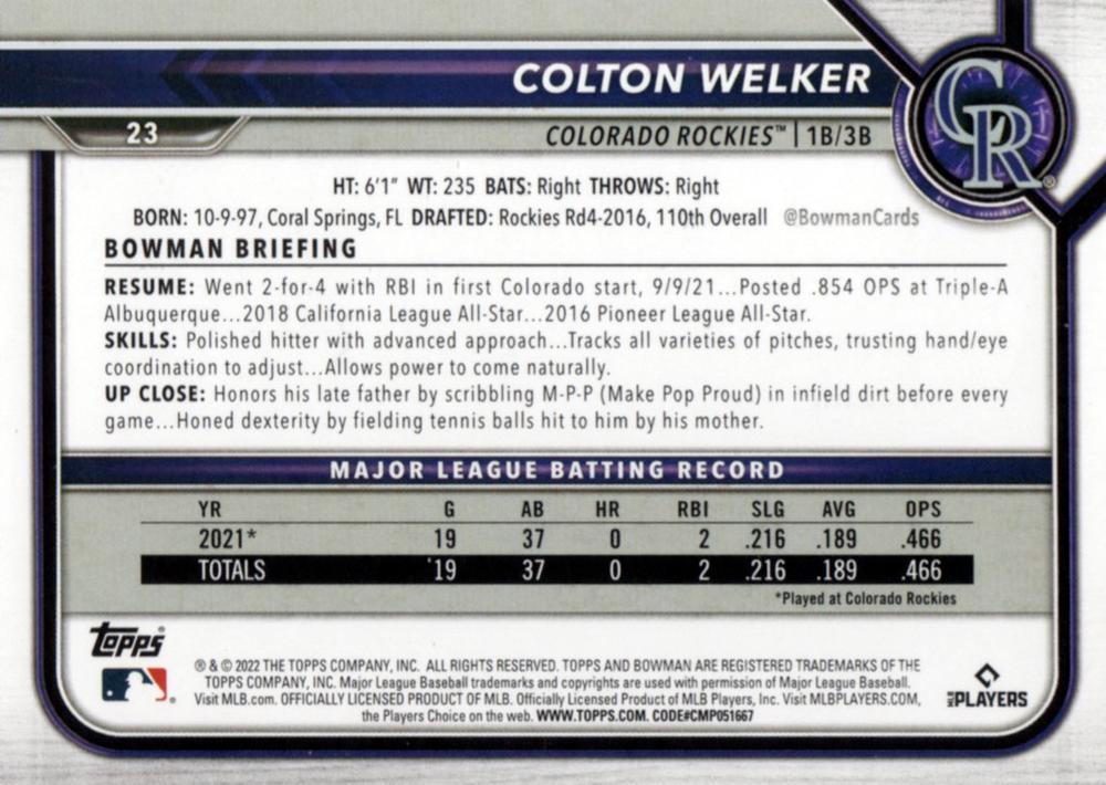 2022 Bowman Colton Welker #23 Colorado Rockies