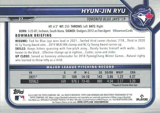 2022 Bowman Hyun-Jin Ryu #27 Toronto Blue Jays