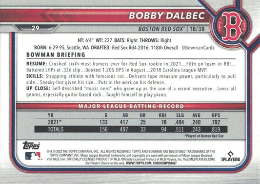 2022 Bowman Bobby Dalbec #29 Boston Red Sox