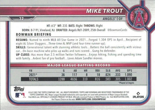 2022 Bowman Mike Trout #32 Los Angeles Angels