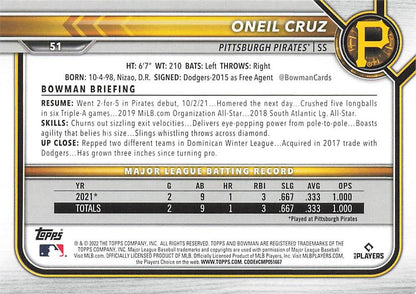 2022 Bowman Oneil Cruz #51 Pittsburgh Pirates