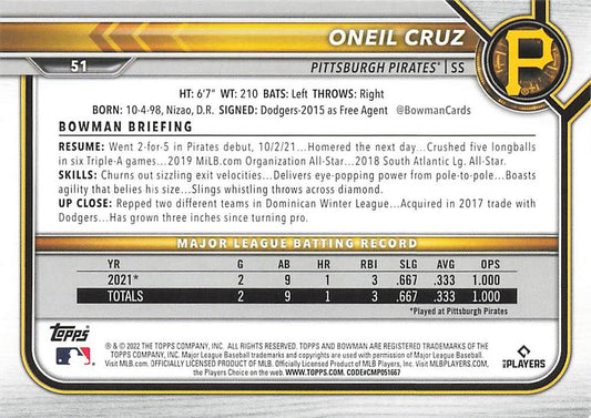 2022 Bowman Oneil Cruz #51 Pittsburgh Pirates