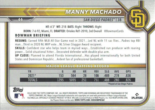 2022 Bowman Manny Machado #66 San Diego Padres