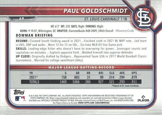 2022 Bowman Paul Goldschmidt #69 St. Louis Cardinals