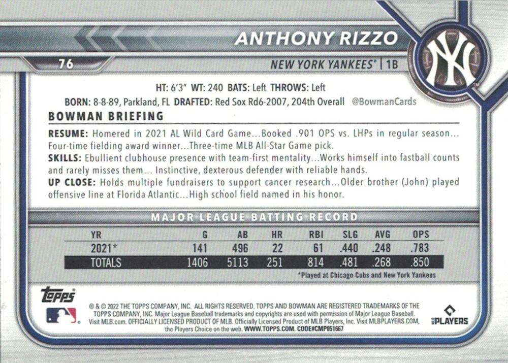 2022 Bowman Anthony Rizzo #76 New York Yankees