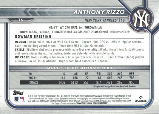2022 Bowman Anthony Rizzo #76 New York Yankees